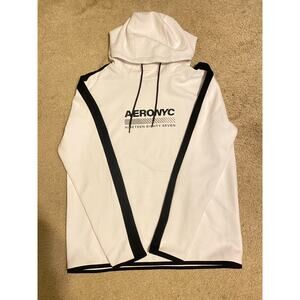 Aeropostale Aero MVMNT Tech Fleece Hoodie Size M White Black Sleeve Stripes